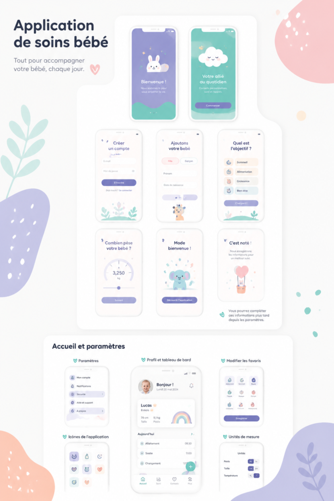 Photo de plusieurs applications de soins pour bébés sur un smartphone.