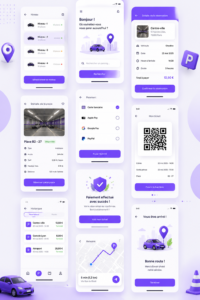Capture d'écran d'une application de parking avec suggestions de places disponibles