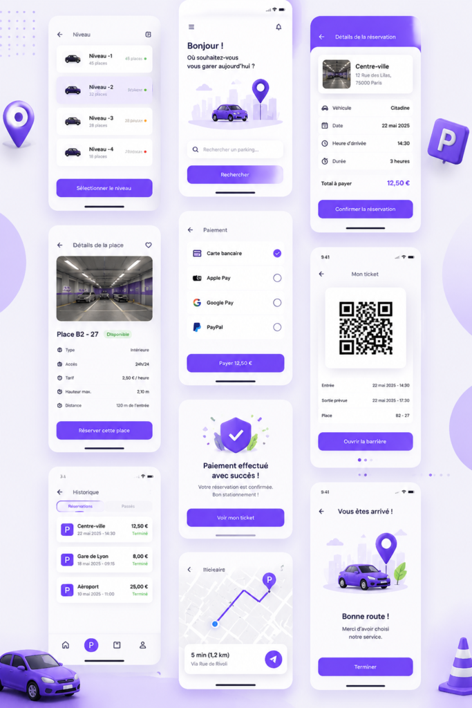Capture d'écran d'une application de parking avec suggestions de places disponibles