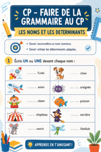 Un enfant apprend à identifier les noms et les déterminants en jouant dans une classe de CP.