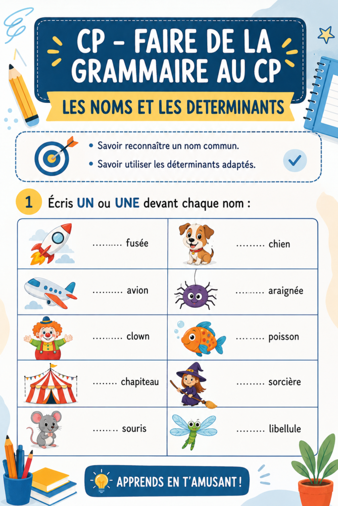 Un enfant apprend à identifier les noms et les déterminants en jouant dans une classe de CP.