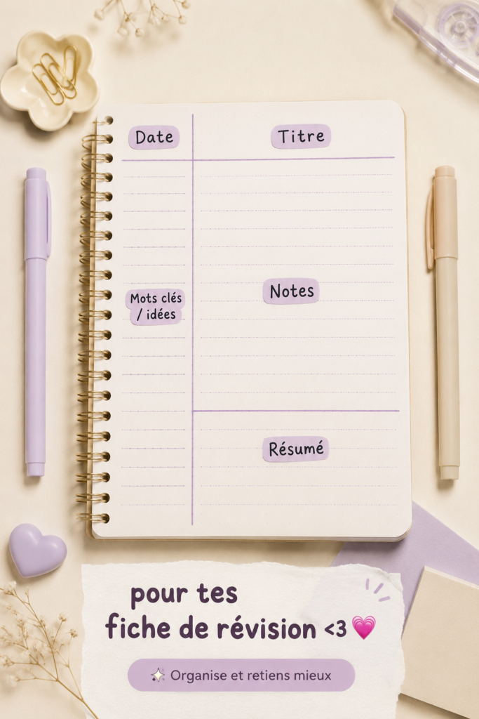 Une table avec des fiches de révision colorées et un stylo, idéales pour étudier.