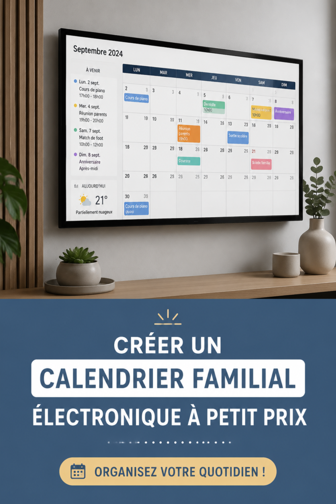 Un aperçu d'un calendrier familial électronique sur une tablette avec des notes colorées.