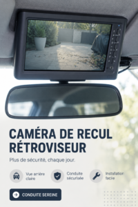 Vue arrière d'une voiture avec une caméra de recul affichée