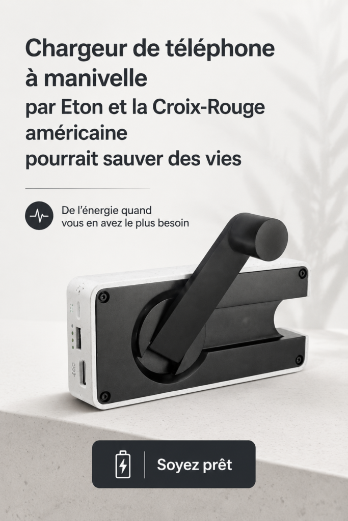 Chargeur de téléphone à manivelle posé sur une table, prêt à être utilisé lors d'une urgence.