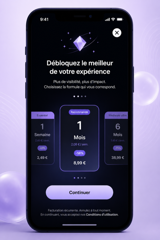 Capture d'écran d'un écran de paywall sur une application iOS