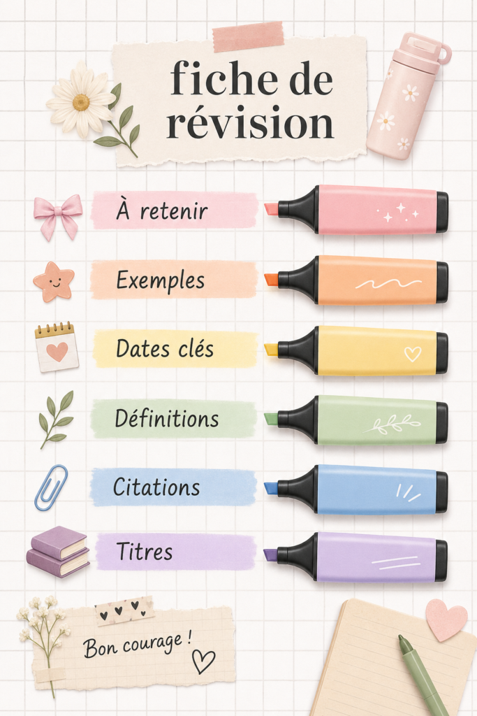 Image d'une personne créant des fiches de révision colorées sur une table.