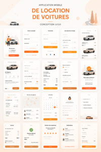 Écran d'une application mobile de location de voitures avec une interface utilisateur moderne et accessible.
