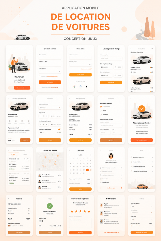 Écran d'une application mobile de location de voitures avec une interface utilisateur moderne et accessible.