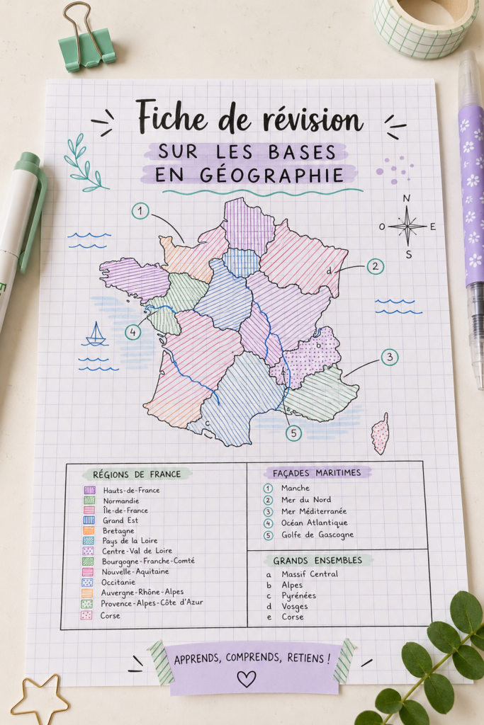 Fiche de révision sur les bases de la géographie avec des illustrations