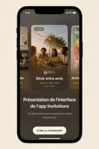 Interface utilisateur de l'app Invites d'Apple montrant des invitations prêtes à être envoyées.