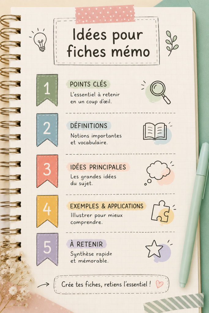 Fiches mémo créatives avec des designs colorés sur un bureau