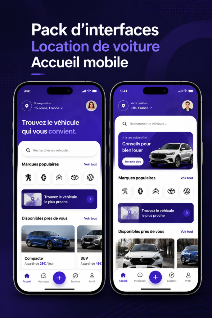 Interface de réservation de voiture simple et agréable à utiliser, dédiée à la location de véhicules.