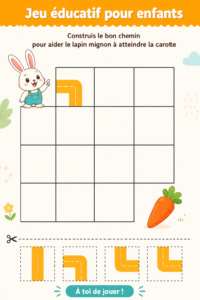 Un enfant jouant à un jeu éducatif avec un petit lapin et une carotte sur une tablette.