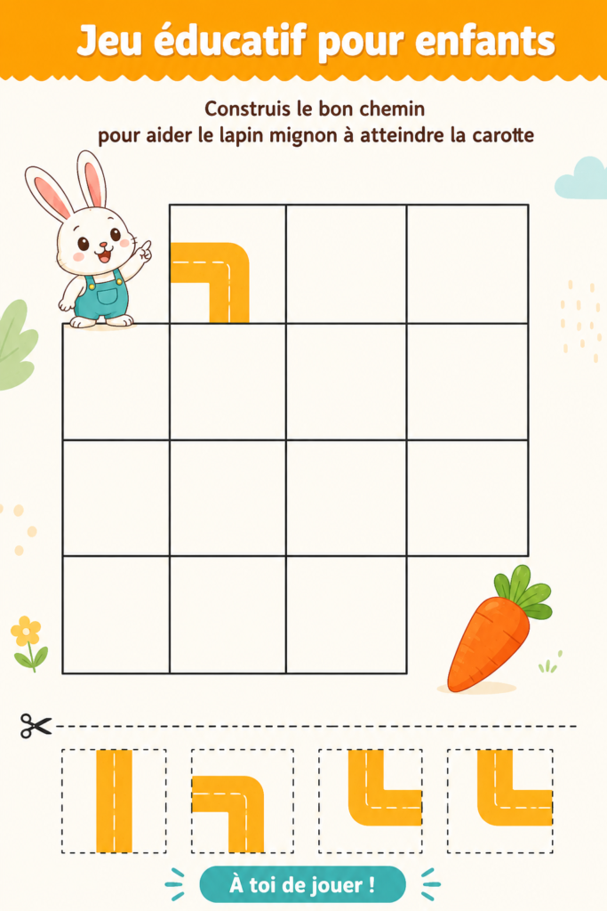 Un enfant jouant à un jeu éducatif avec un petit lapin et une carotte sur une tablette.