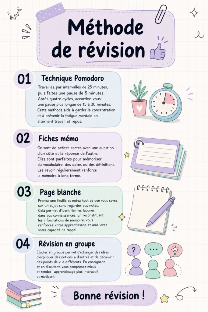 Femme en train de réviser avec une méthode efficace et un environnement calme, entourée de livres et de notes.