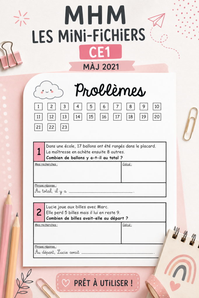 Mini-fichiers MHM CE1 sur un bureau d'enseignant, illustrant des ressources pédagogiques.