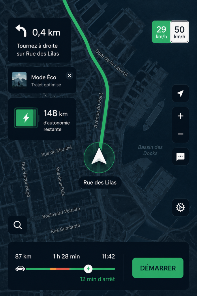 Image d'un véhicule électrique sur une route, illustrant la navigation moderne.