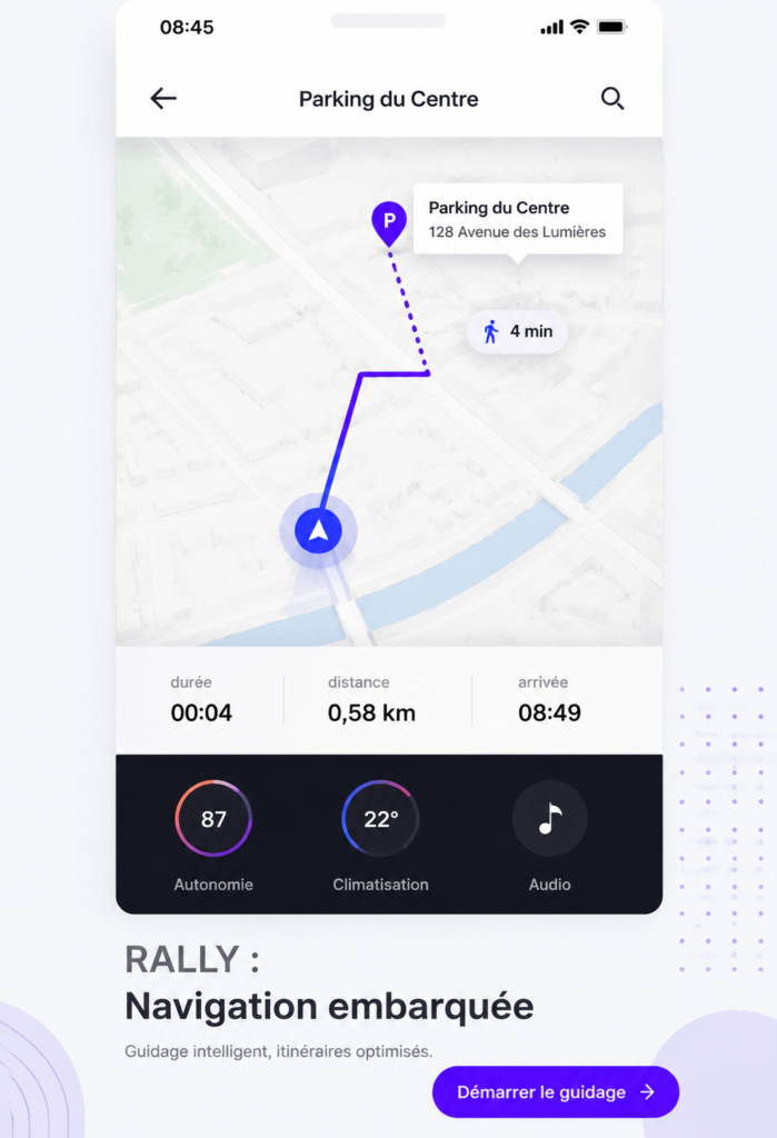 Capture d'écran de l'application RALLY montrant une carte de navigation Mapbox.