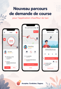 Capture d'écran de l'application de demande de course taxi mise à jour, montrant les nouvelles fonctionnalités.