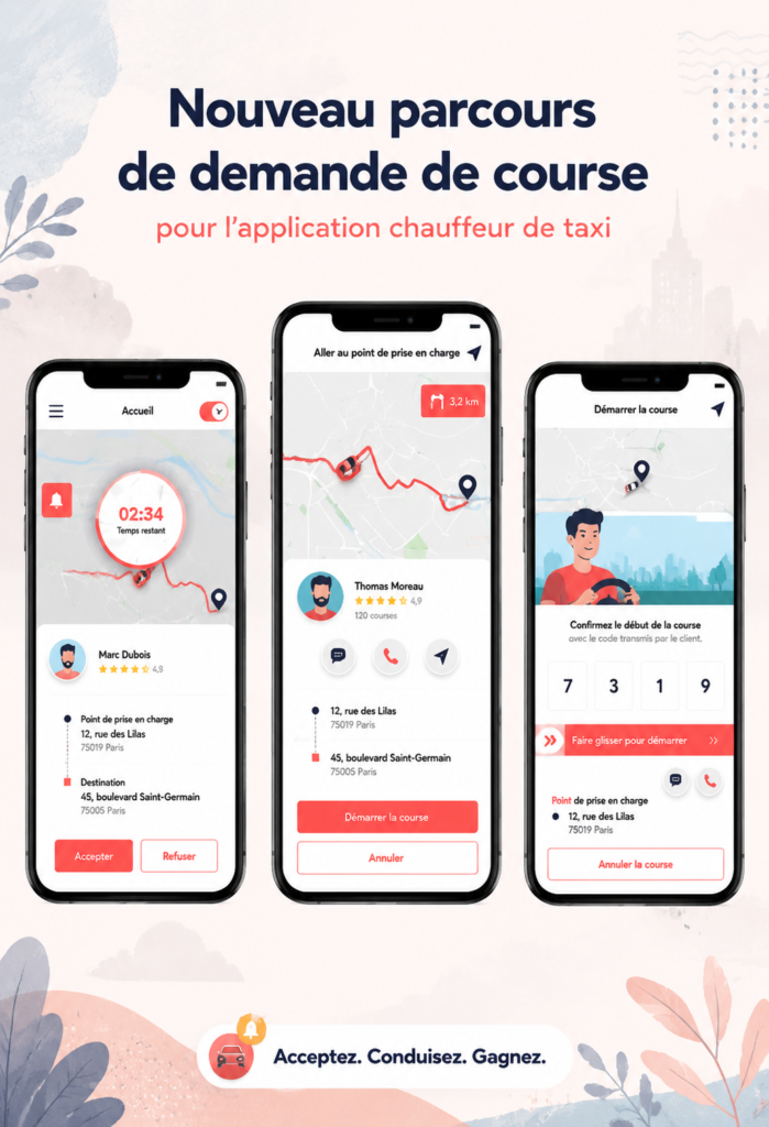 Capture d'écran de l'application de demande de course taxi mise à jour, montrant les nouvelles fonctionnalités.