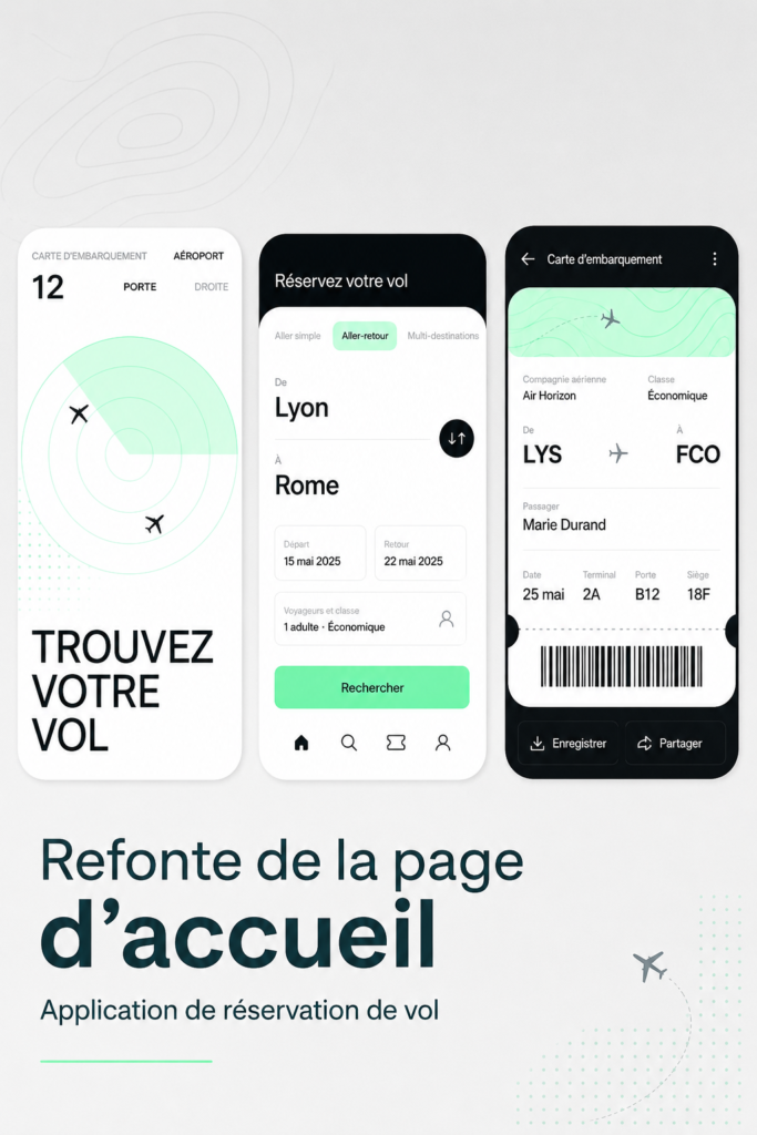 Écran d'accueil d'une application de réservation de vol moderne, illustrant une interface utilisateur claire et engageante.