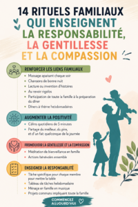 Une famille réunie autour d'une table partageant des rituels familiaux et des moments de bonheur.