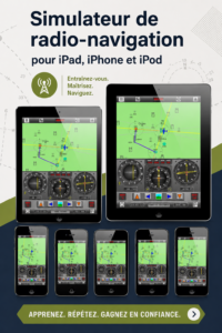Capture d'écran d'un simulateur de navigation radio sur un iPad, montrant une interface intuitive et moderne.