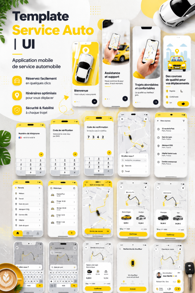 Un ensemble de designs de templates gratuits pour services automobiles, représentant des brochures et des flyers.