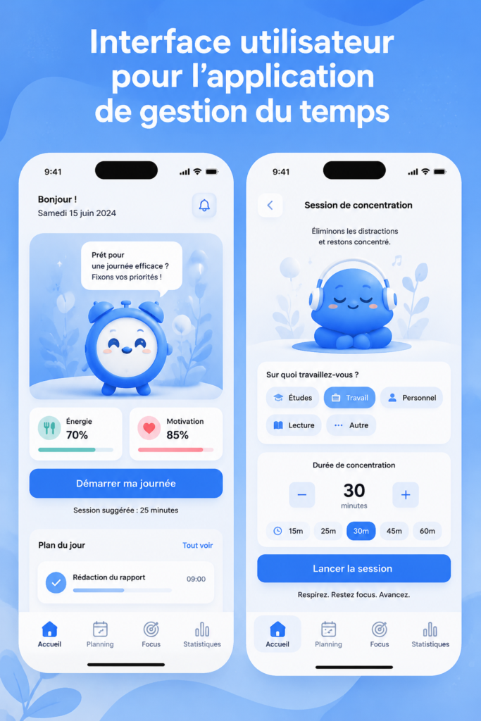 Illustration d'une interface utilisateur moderne pour une application de gestion du temps