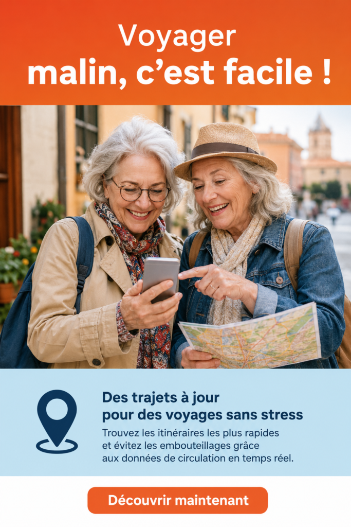 Une femme souriante préparant son voyage intelligemment avec une carte et des accessoires de voyage.