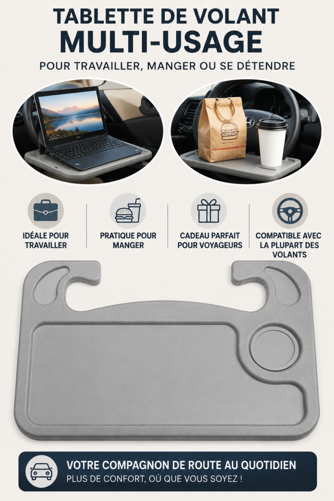 Plateau de voiture astucieux pour repas et travail en voiture, accroché au volant