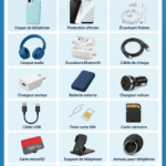 Des accessoires mobiles variés comme coques et écouteurs sur une table