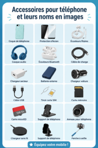 Des accessoires mobiles variés comme coques et écouteurs sur une table