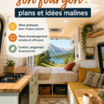 Aménagement d'un fourgon familial pour le transport d'enfants, avec des sièges confortables et un espace de rangement.
