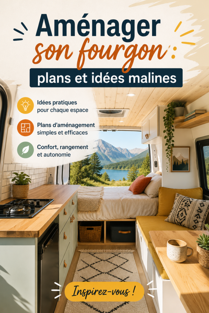 Aménagement d'un fourgon familial pour le transport d'enfants, avec des sièges confortables et un espace de rangement.