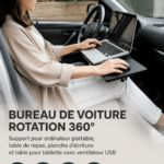 Bureau pliant installé dans une voiture, amenageant un espace de travail mobile.