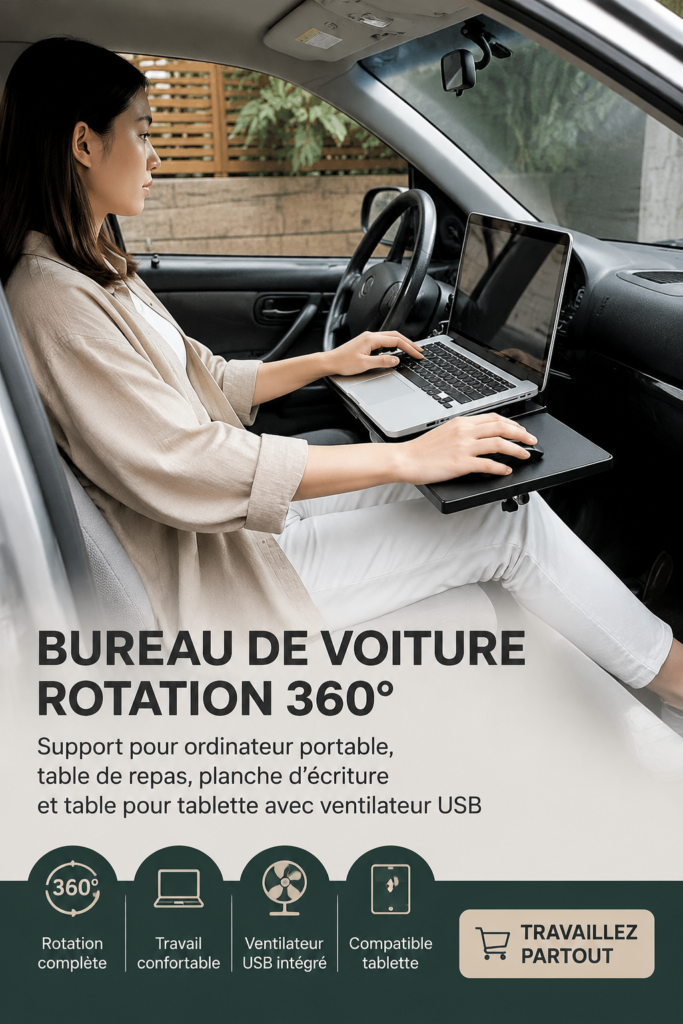 Bureau pliant installé dans une voiture, amenageant un espace de travail mobile.