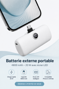 Chargeur portable iWALK 4800mAh avec affichage LED en blanc, parfait pour tous vos déplacements.