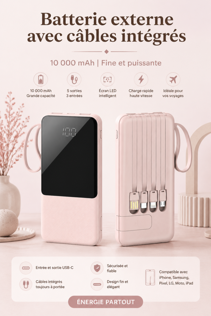 Un chargeur portable rose avec câbles intégrés sur un fond lumineux