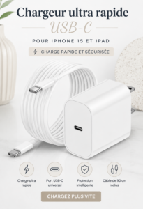 Chargeur rapide pour iPhone 15 et iPad avec un câble USB-C pratique.