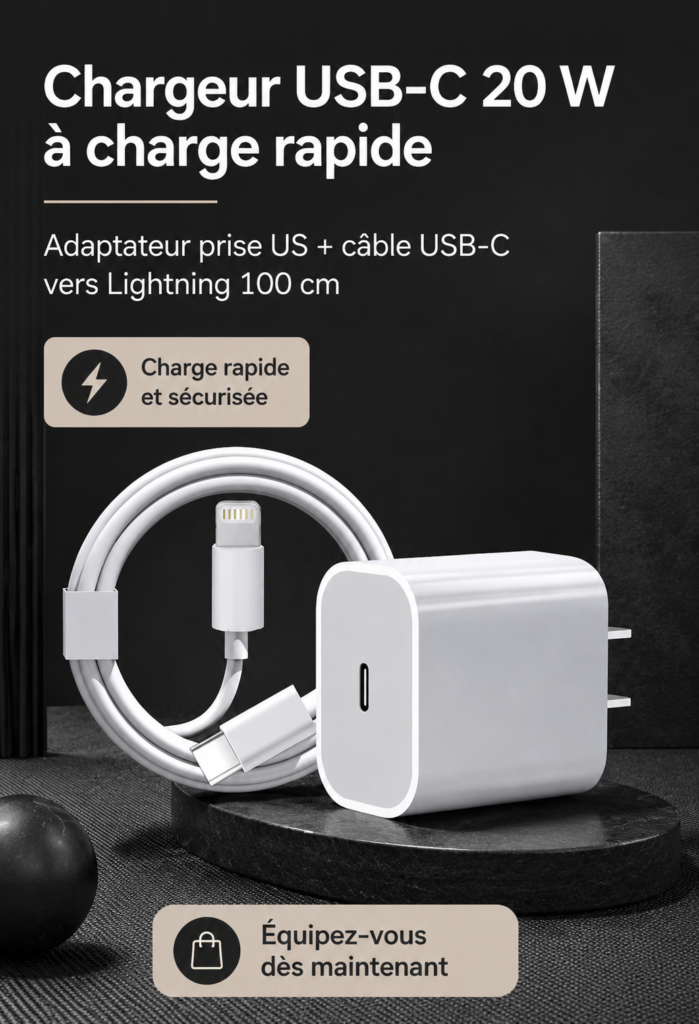 Adaptateur USB-C 20W et câble Lightning pour recharge rapide