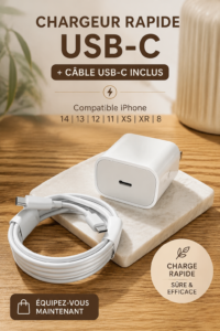 Chargeur USB-C original pour iPhone sur un fond blanc