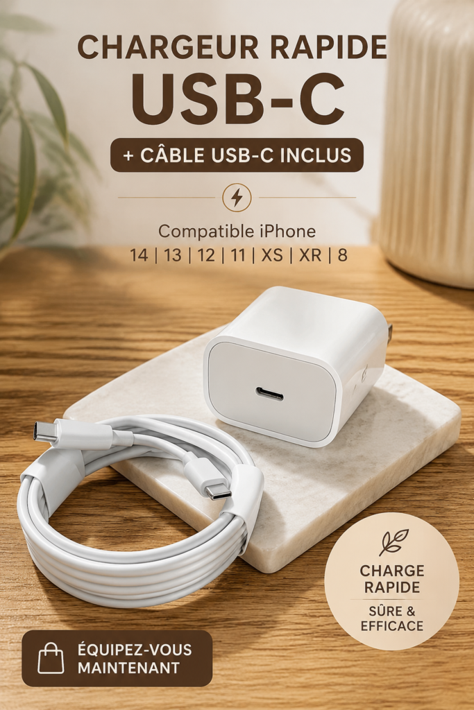 Chargeur USB-C original pour iPhone sur un fond blanc