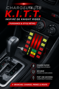 Un chargeur USB K.I.T.T. au design futuriste pour voiture, parfait pour les amateurs de technologie.