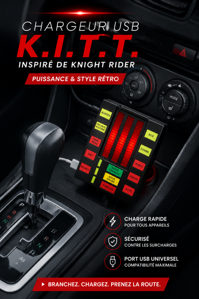 Un chargeur USB K.I.T.T. au design futuriste pour voiture, parfait pour les amateurs de technologie.