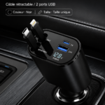 Image d'un chargeur de voiture 4 en 1 avec câbles rétractables et ports USB, idéal pour les conductrices modernes.