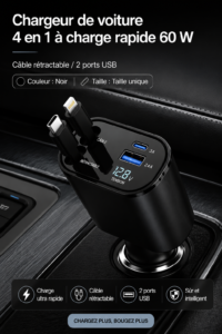 Image d'un chargeur de voiture 4 en 1 avec câbles rétractables et ports USB, idéal pour les conductrices modernes.