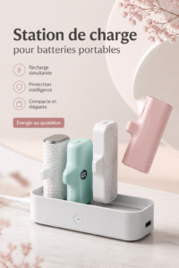Un espace de travail moderne avec une station de charge pour plusieurs appareils électroniques.