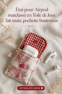 Un étui matelassé pour AirPods en Toile de Jouy posé sur une table en bois